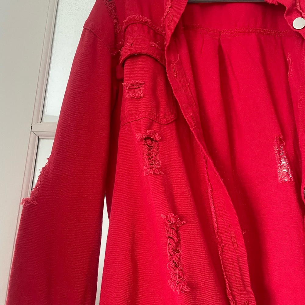 Red Distressed Button-Up Jacket - Picture 2 of 4